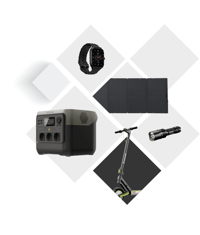 sada produktů - elektrárna, fotovoltaický panel, drak, koloběžka a chytré hodinky